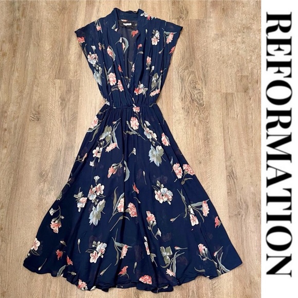 Reformation Dresses & Skirts - Reformation Navy Floral Midi Dress with Pink & Green Blooms